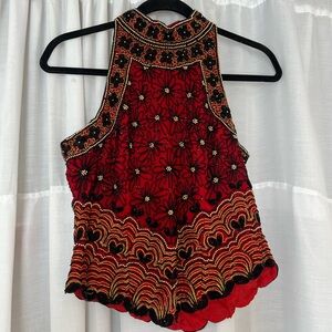 Papéll Boutique Red and Black Silk Embroidered Blouse